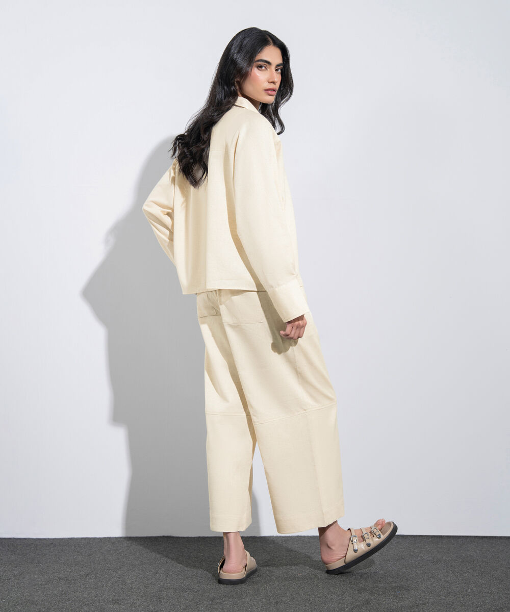 Women's Western Beige Relaxed-Fit Linen Blend Shirt