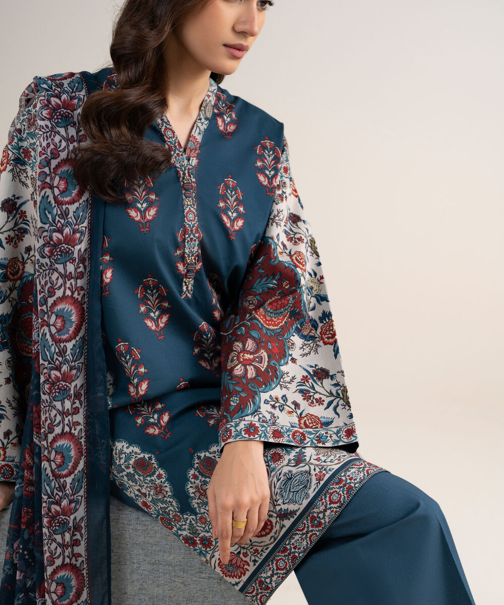 Women's Unstitched Lawn Printed Blue 3 Piece Suit
