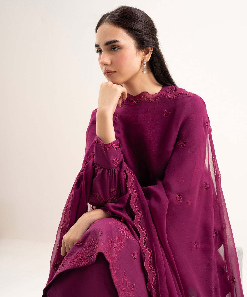 Women's Unstitched Textured Lawn Embroidered Purple 3 Piece Suit