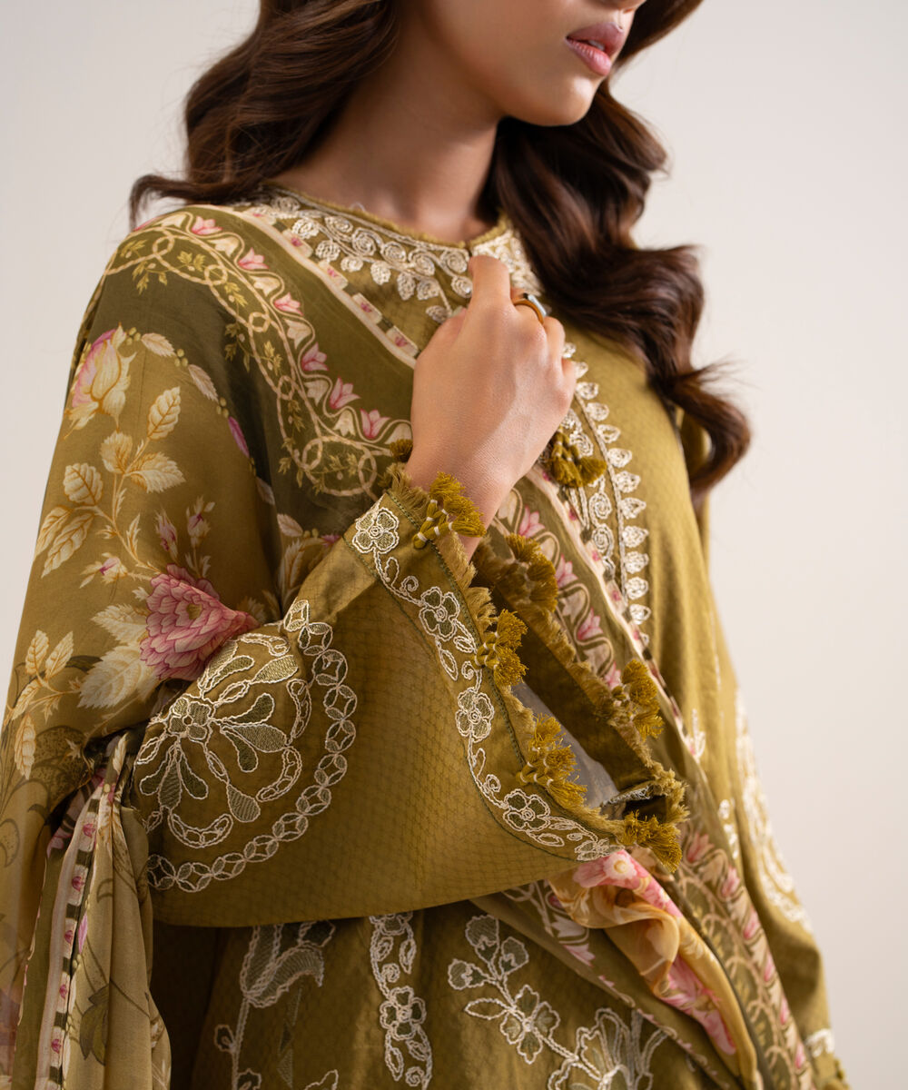 Women's Unstitched Embroidered Dobby Olive Green 3 Piece Suit