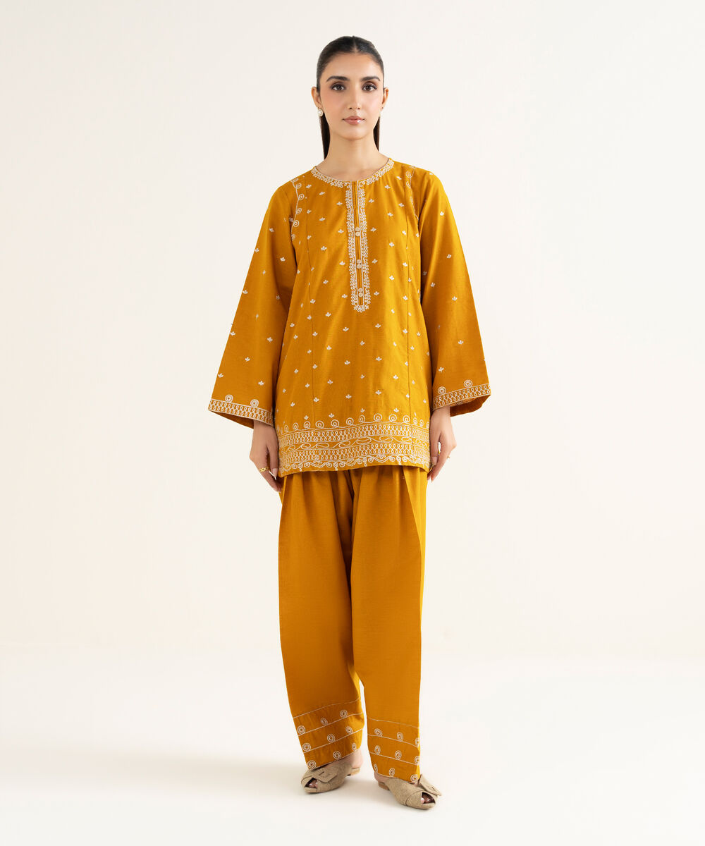 Women's RTW Khaddar Embroidered Mustard Straight Shirt