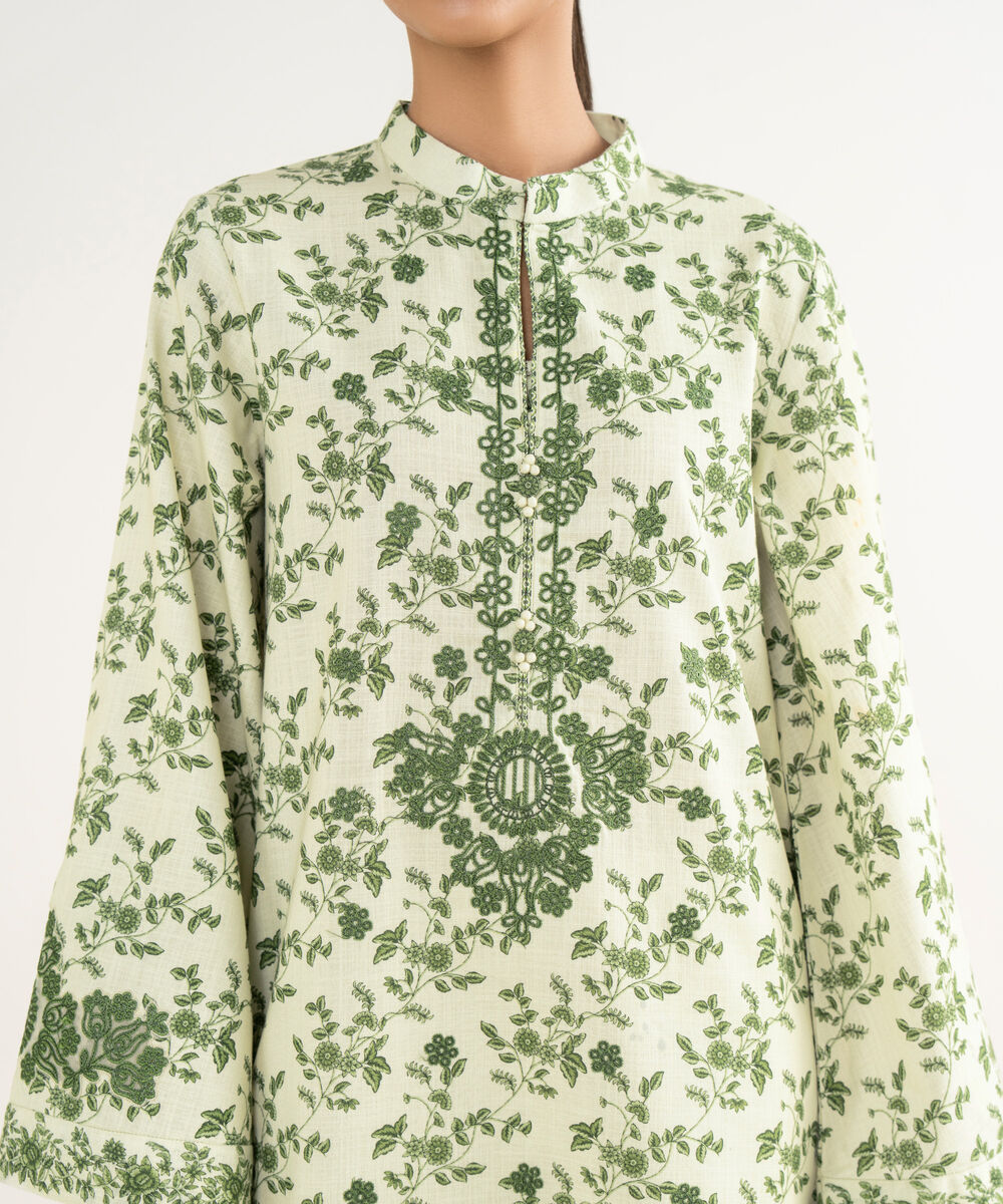 Women's Unstitched Cross Hatch Embroidered Green 3 Piece Suit