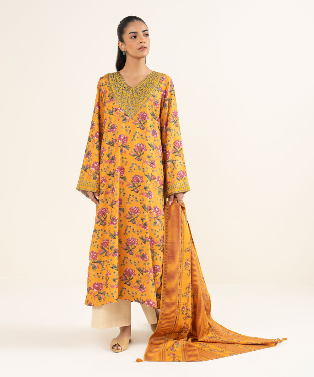Women's RTW Light Khaddar Embroidered Orange A-Line Shirt