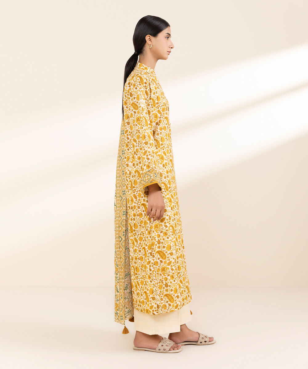 Women's Unstitched Lawn Printed Orange 3 Piece Suit