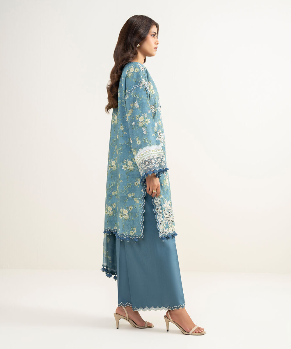 Women's Unstitched Fine Lawn Embroidered Blue 3 Piece Suit