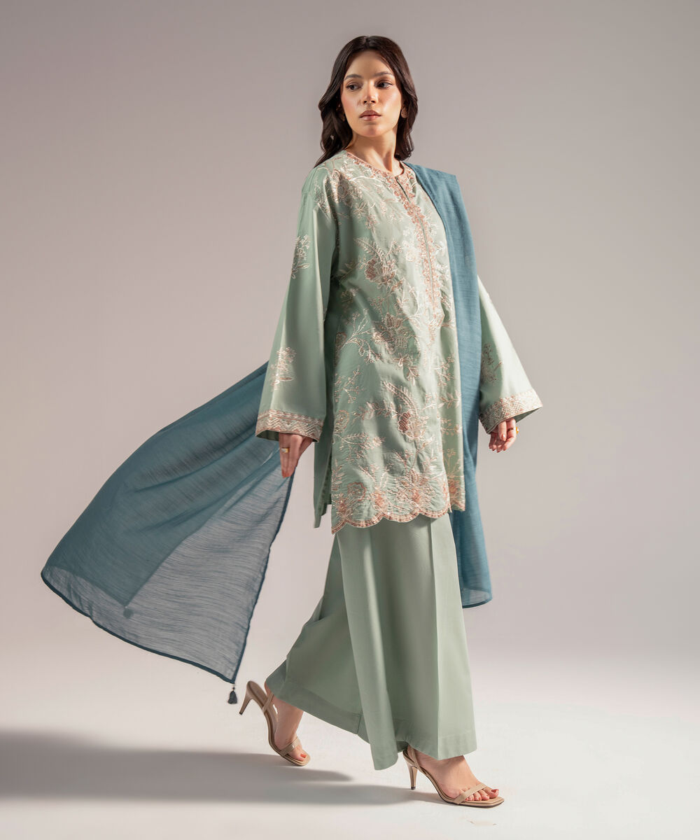 Women's RTW Cambric Embroidered Green 3 Piece Suit