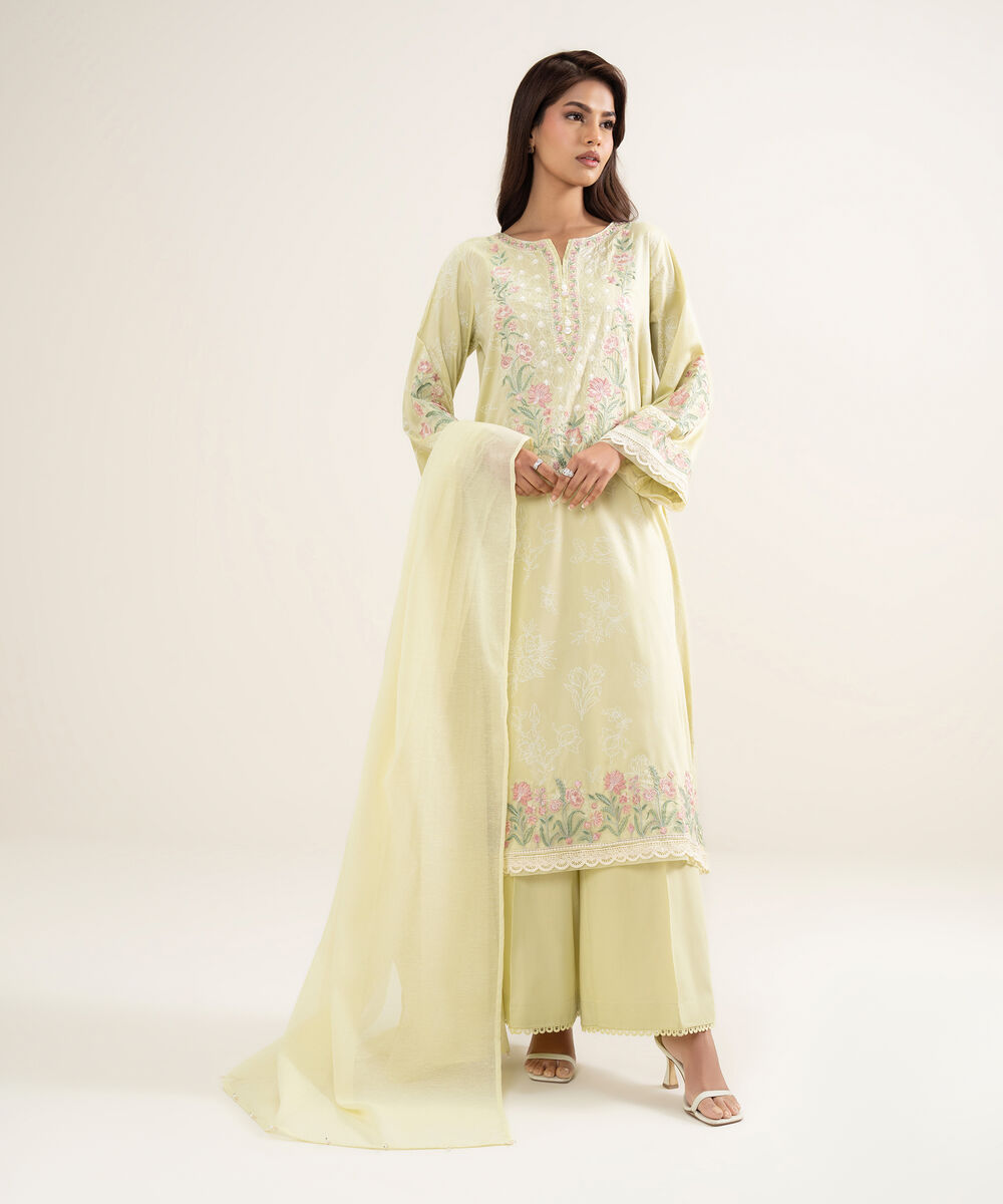 Women's RTW Premium Cotton Satin Embroidered Yellow A-Line Shirt