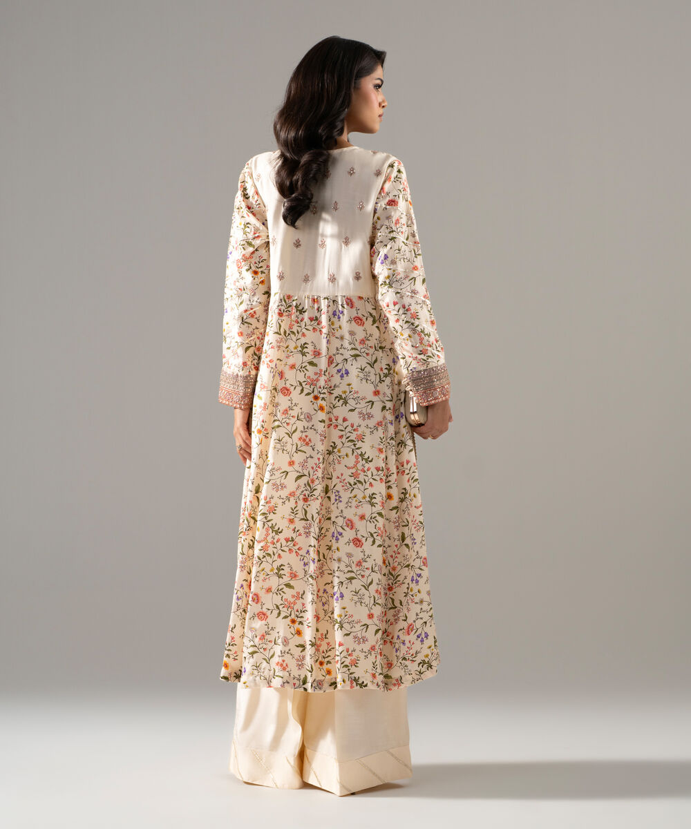 Women's RTW Bright Raw Silk Printed Beige 2 Piece Suit