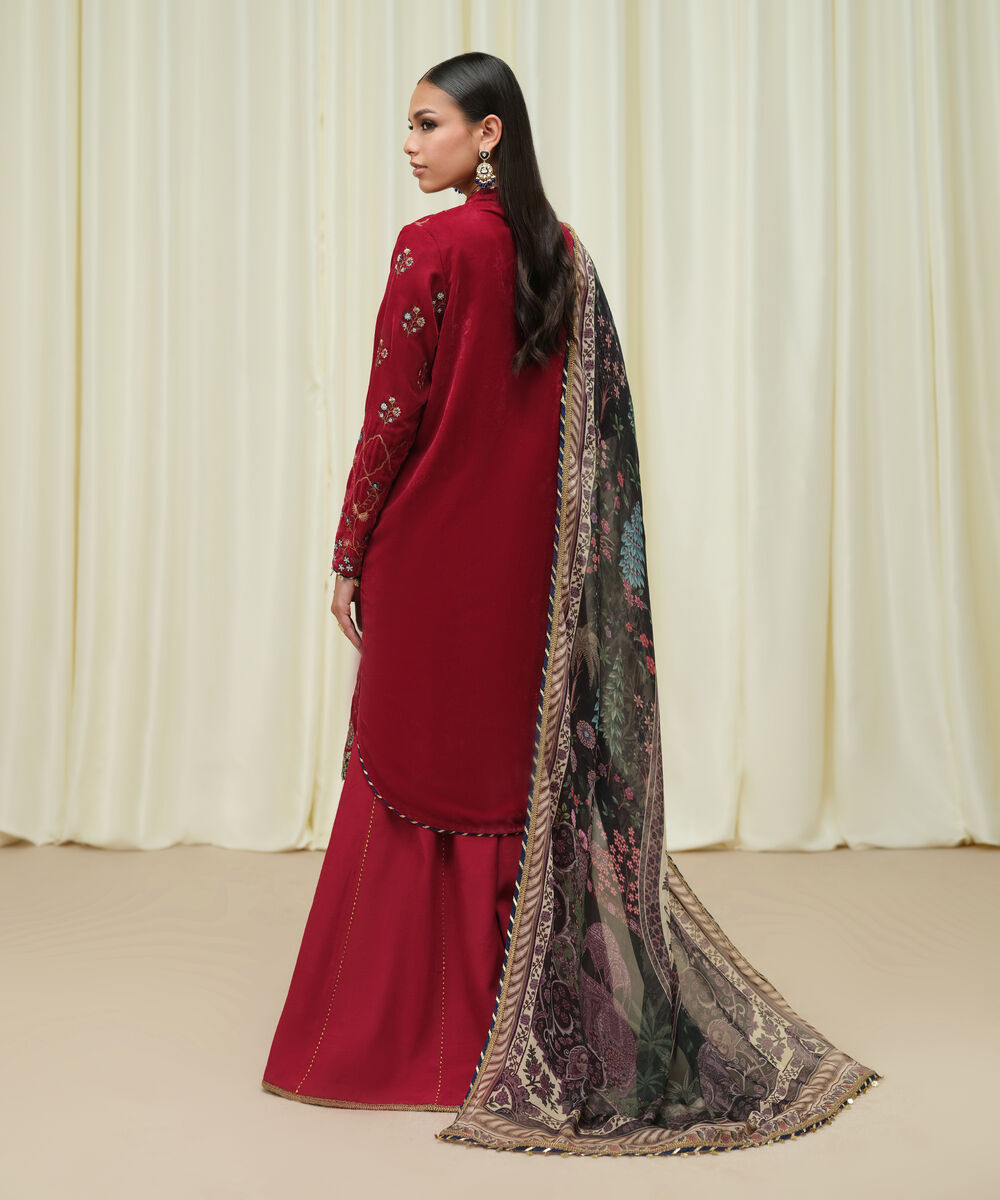 Women's Unstitched Velvet Embroidered Red 3 Piece Suit