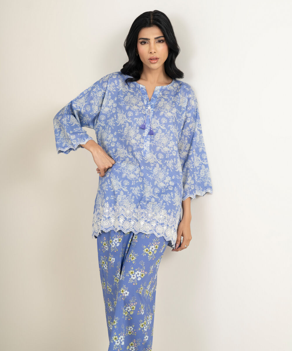 Women's RTW Dobby Embroidered Blue Straight Shirt