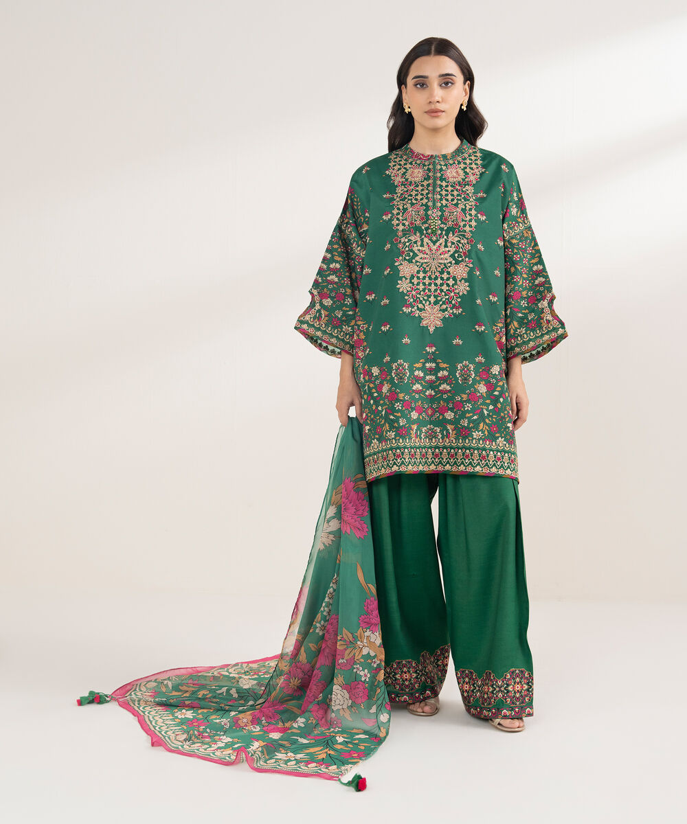 Women's Unstitched Blended Grip Silk Printed Green 3 Piece Suit
