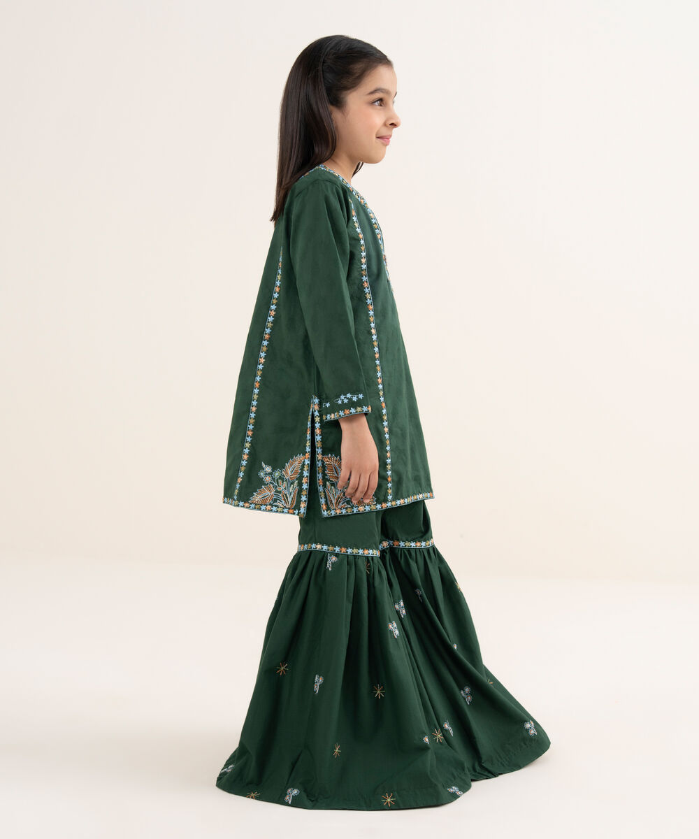 Girl's Cotton Jacquard Embroidered Green 2 Piece Set