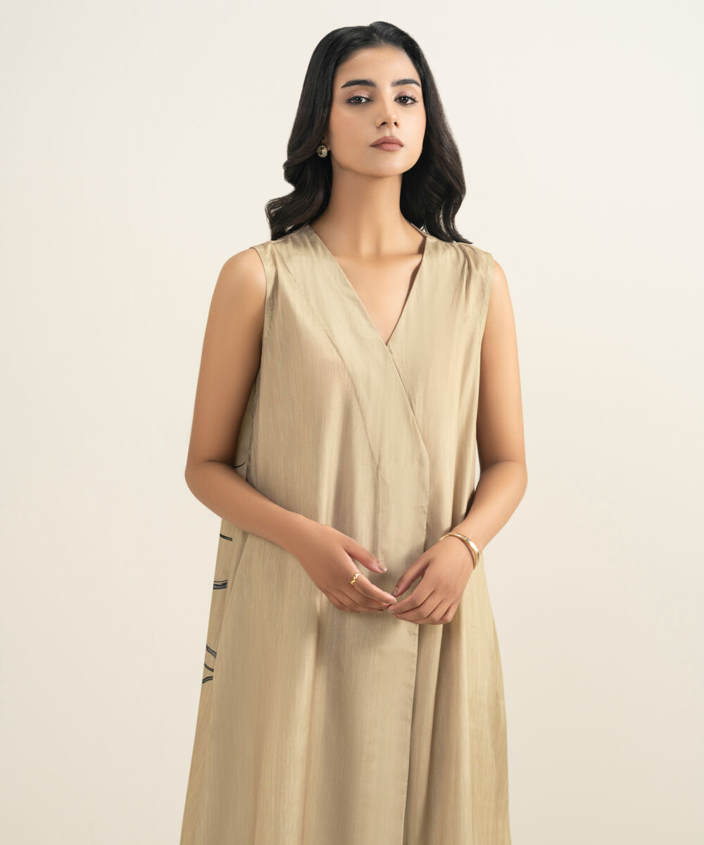 Women's RTW Blended Grip Silk Printed Beige 2 Piece Suit