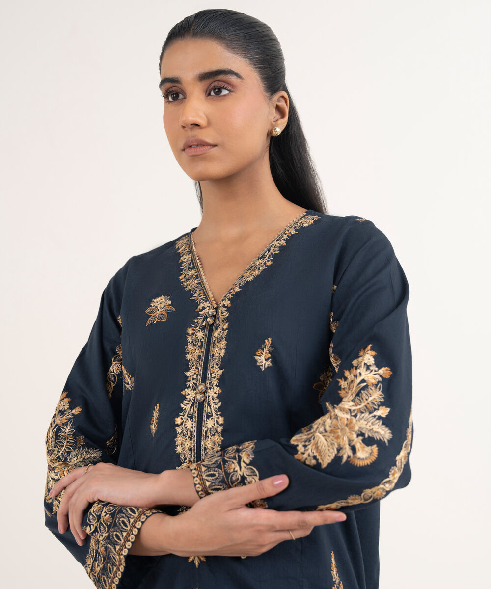 Women's RTW Cotton Viscose Embroidered Blue A-Line Shirt