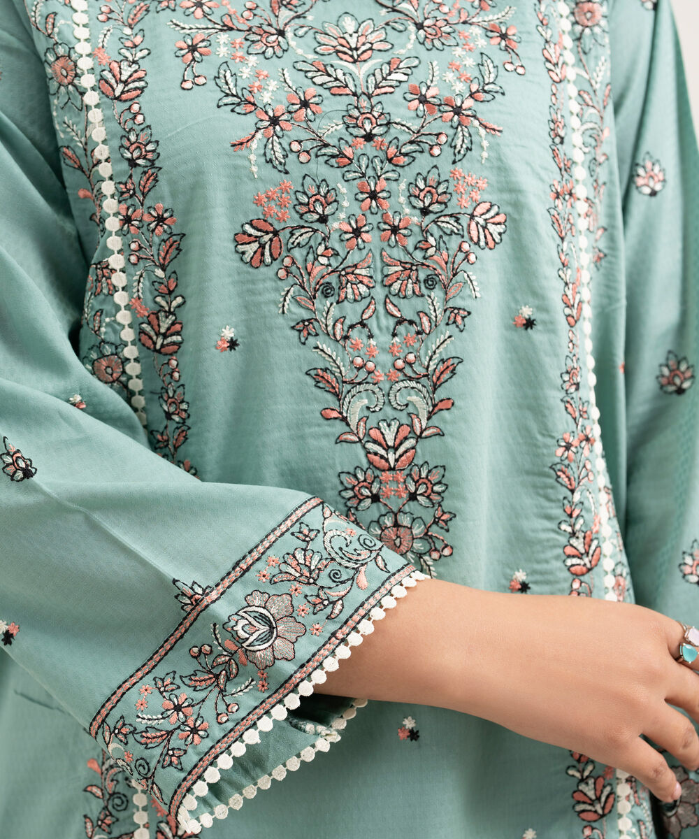 Women's RTW Dobby Embroidered Green A-Line Shirt