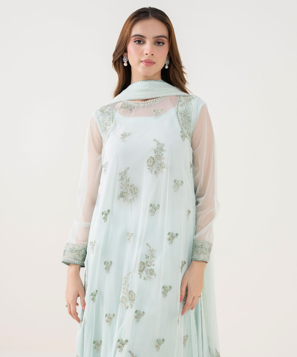 Women's RTW Blended Net Embroidered White 2 Piece Suit