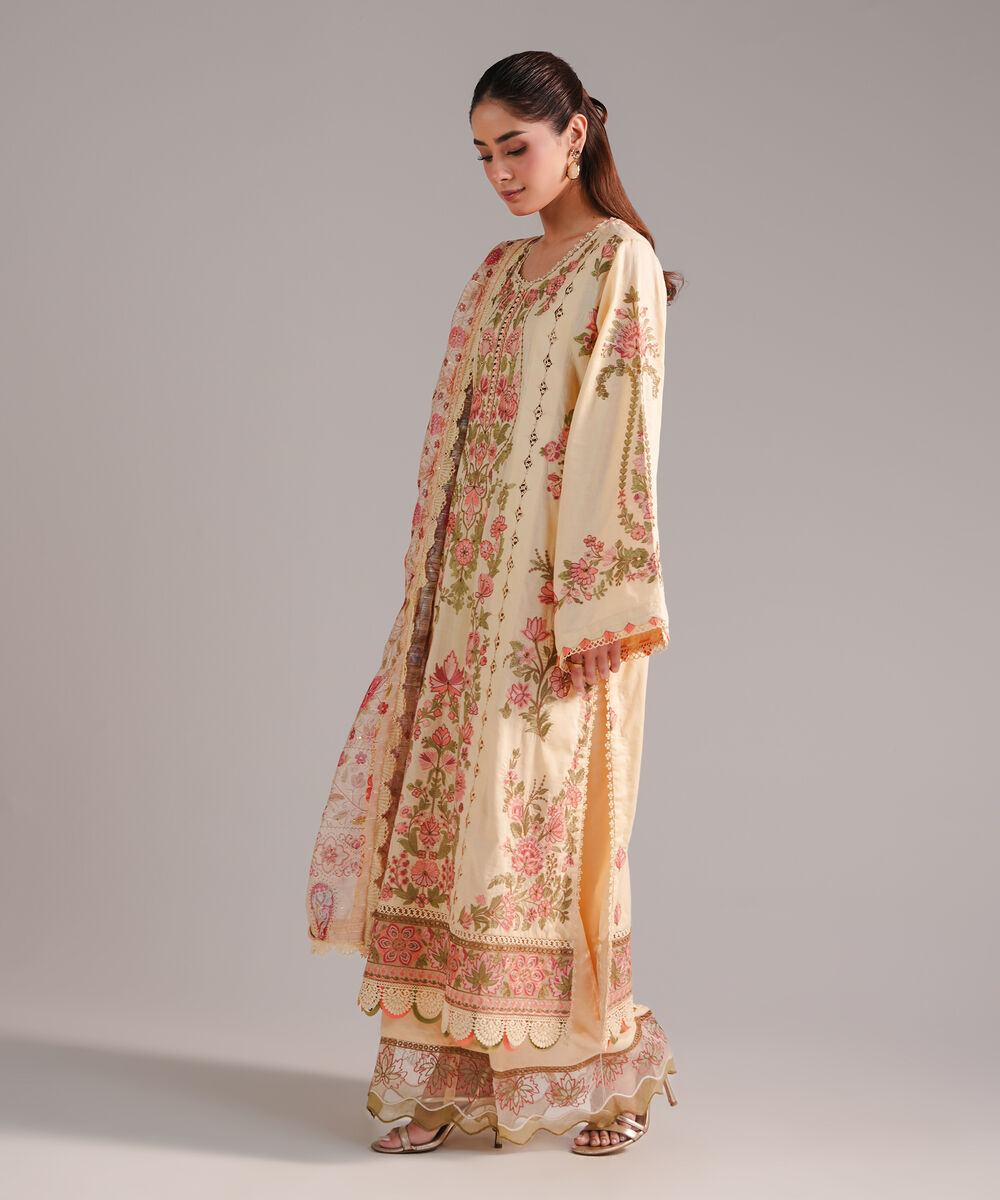 Women's RTW Self Jacquard Embroidered Yellow 3 Piece Suit