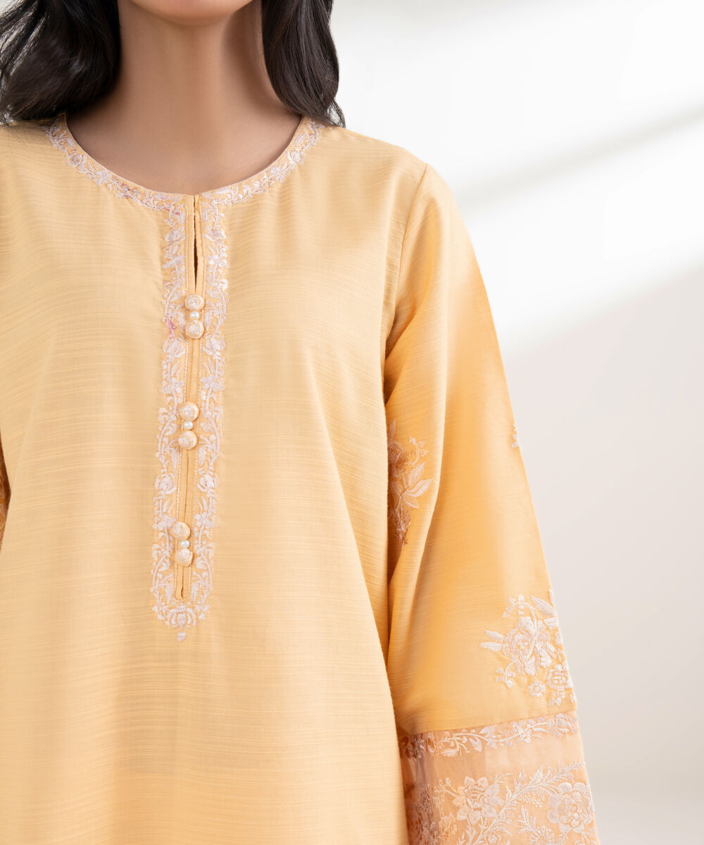 Women's RTW Zari Khaddar Embroidered Pale Yellow Straight Shirt