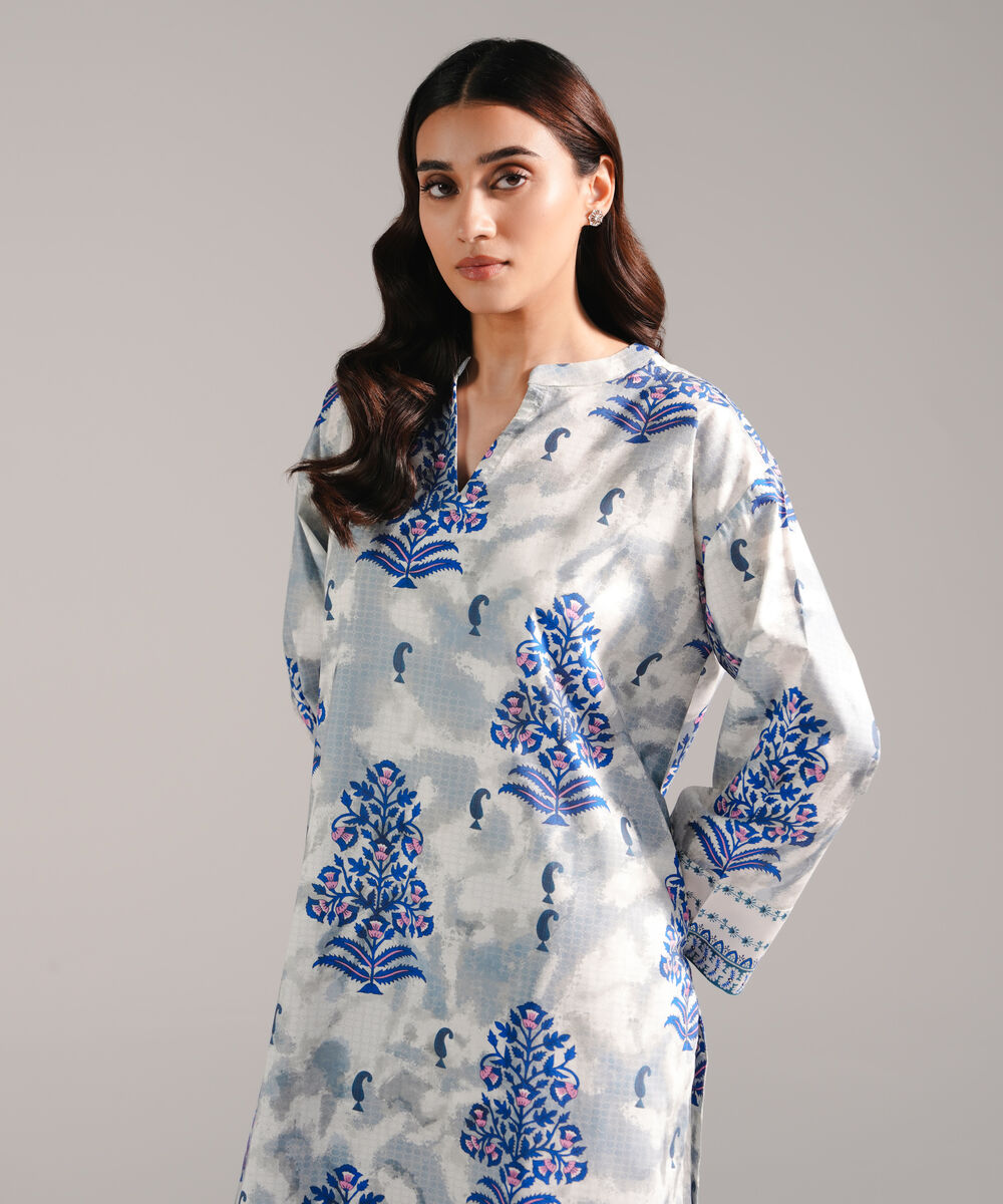 Women's RTW Lawn Printed Grey Straight Shirt