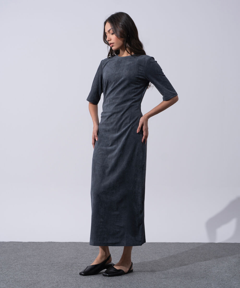 Women's Western Wear Grey Polyester Pleated Faux Suede Long Dress