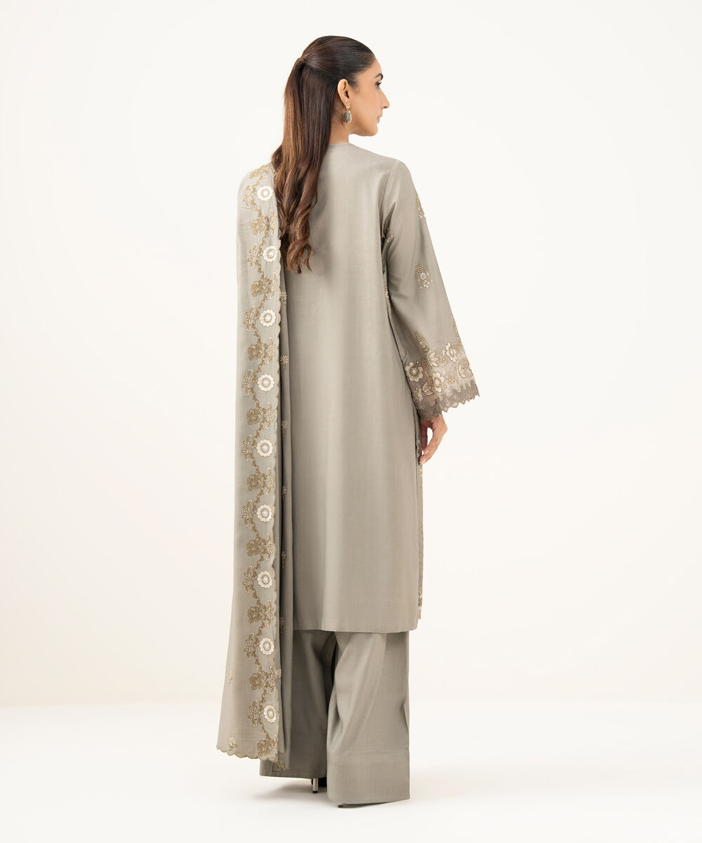 Women's Unstitched Embroidered Linen Beige 3 Piece Suit