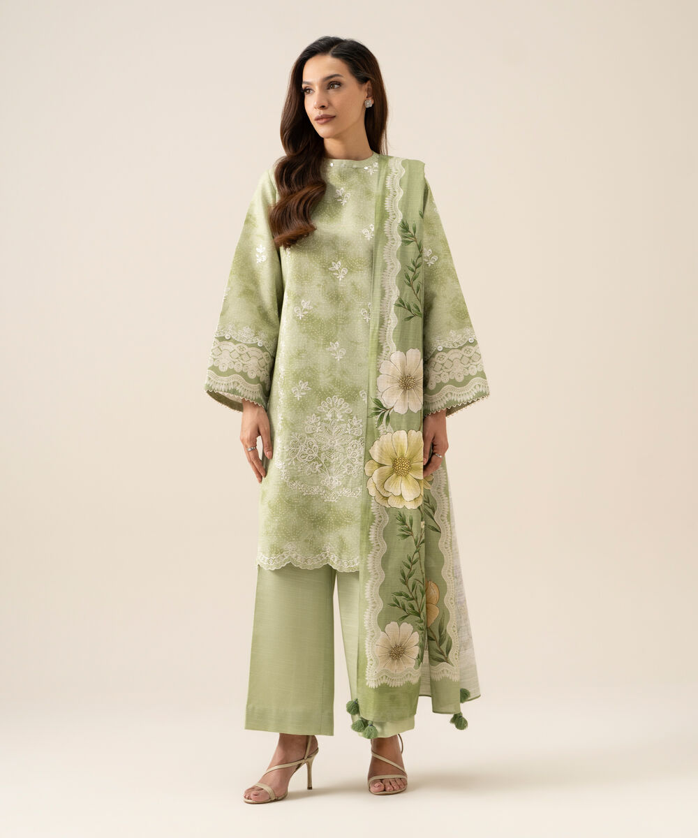 Women's Unstitched Light Khaddar Embroidered Green 3 Piece Suit