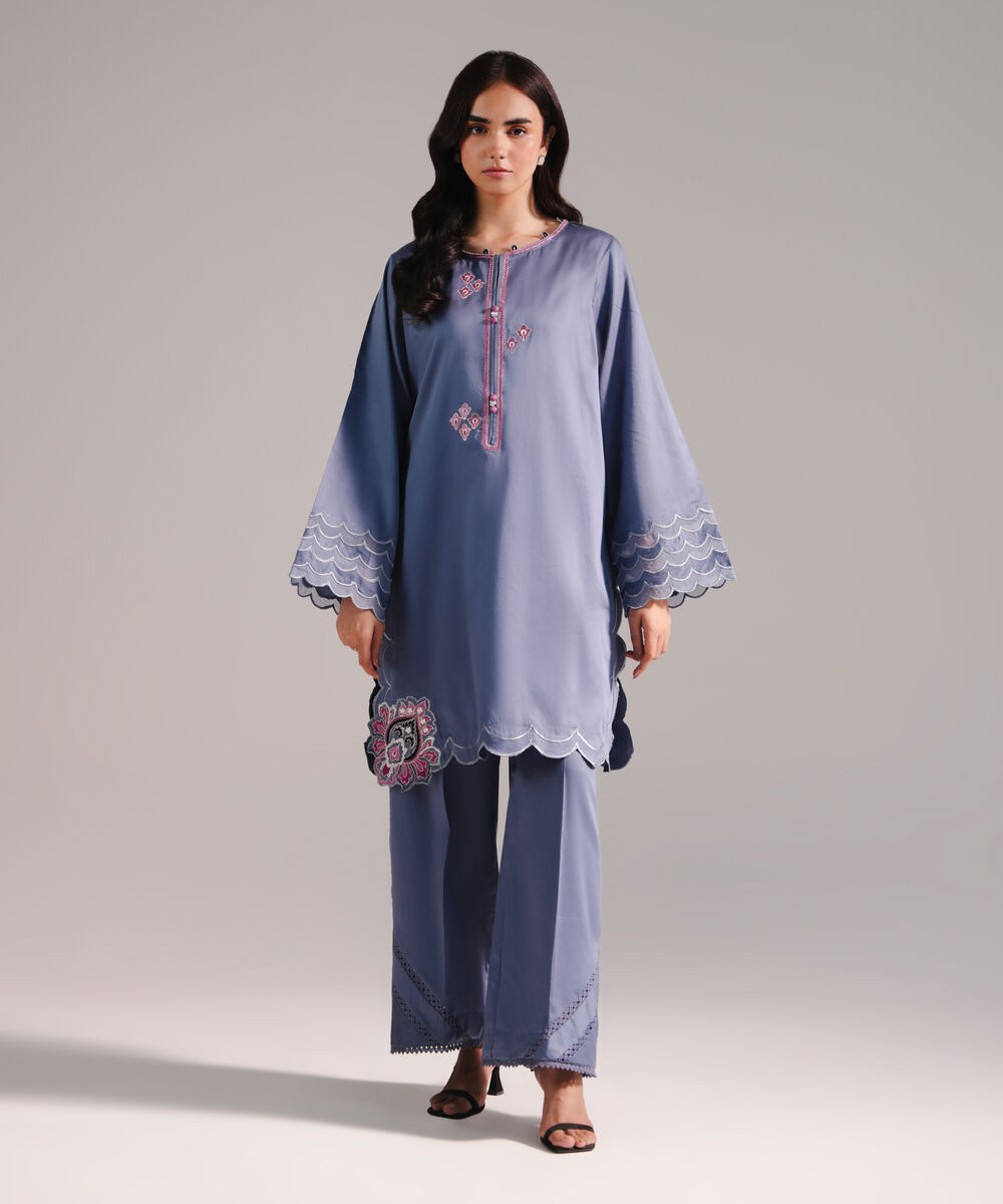 Women's RTW Cotton Satin Embroidered Steel Blue 2 Piece Suit