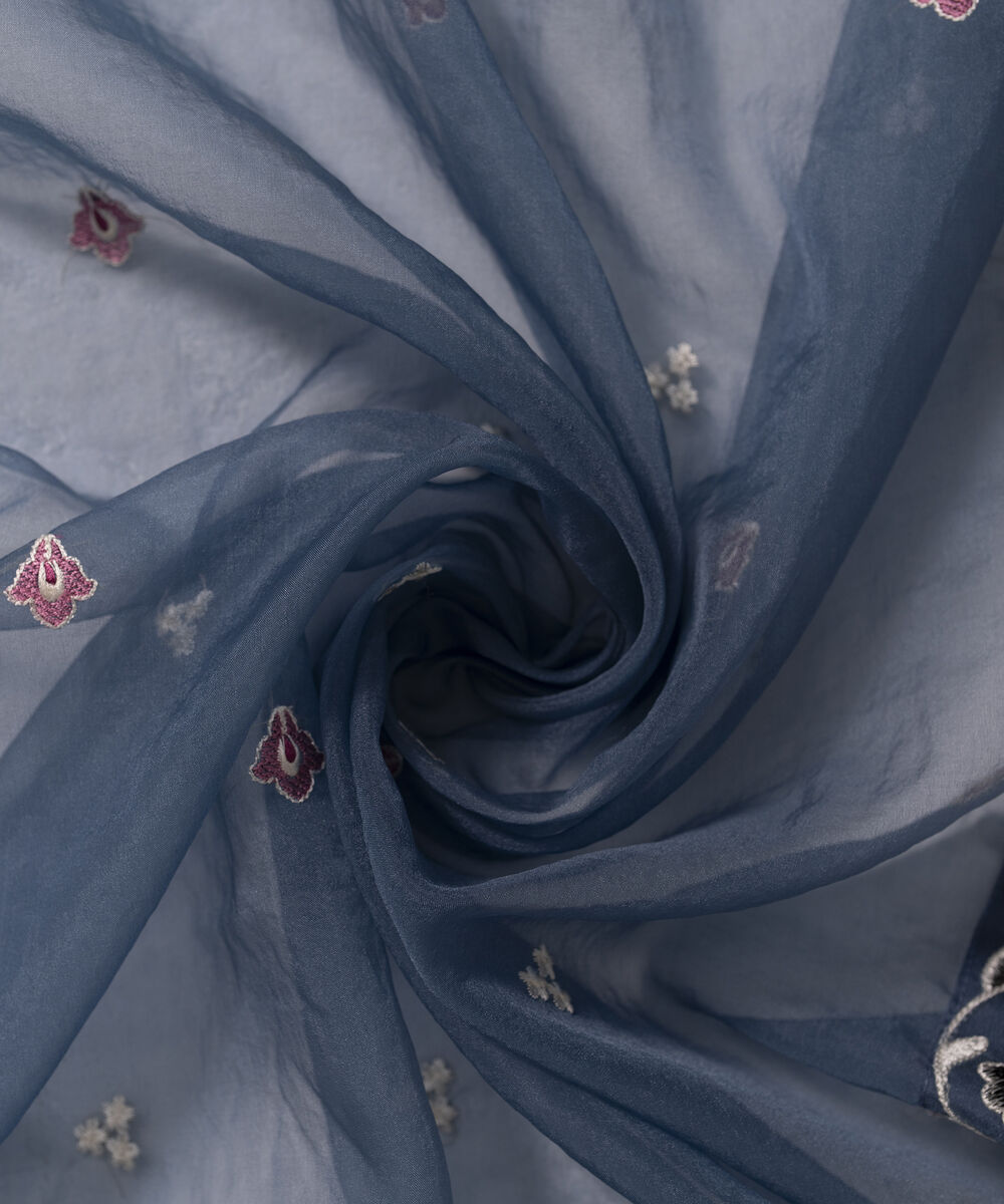 Blended Organza Embroidered Steel Blue Dupatta
