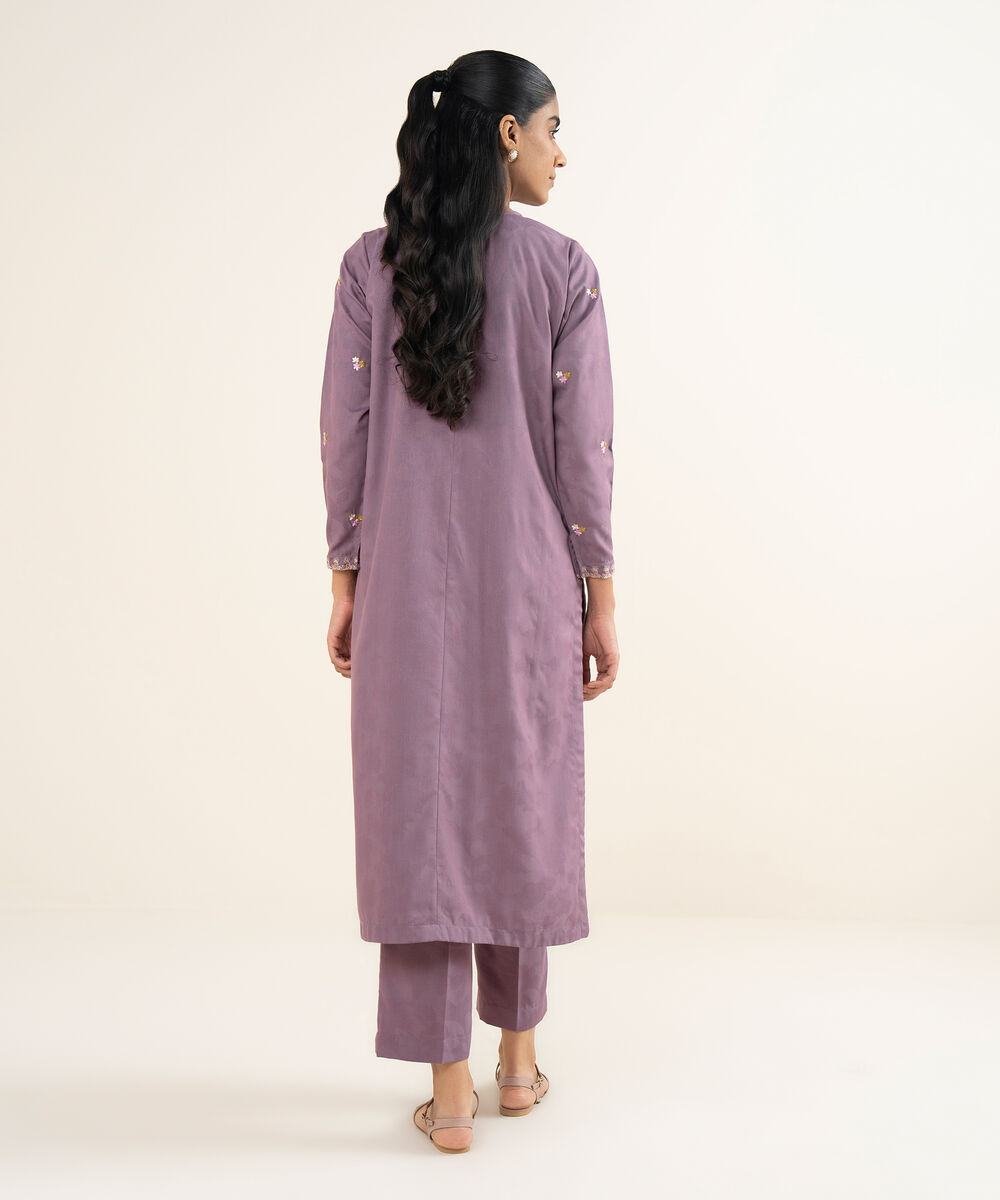 Women's RTW Self Jacquard Leno Embroidered Purple Straight Shirt