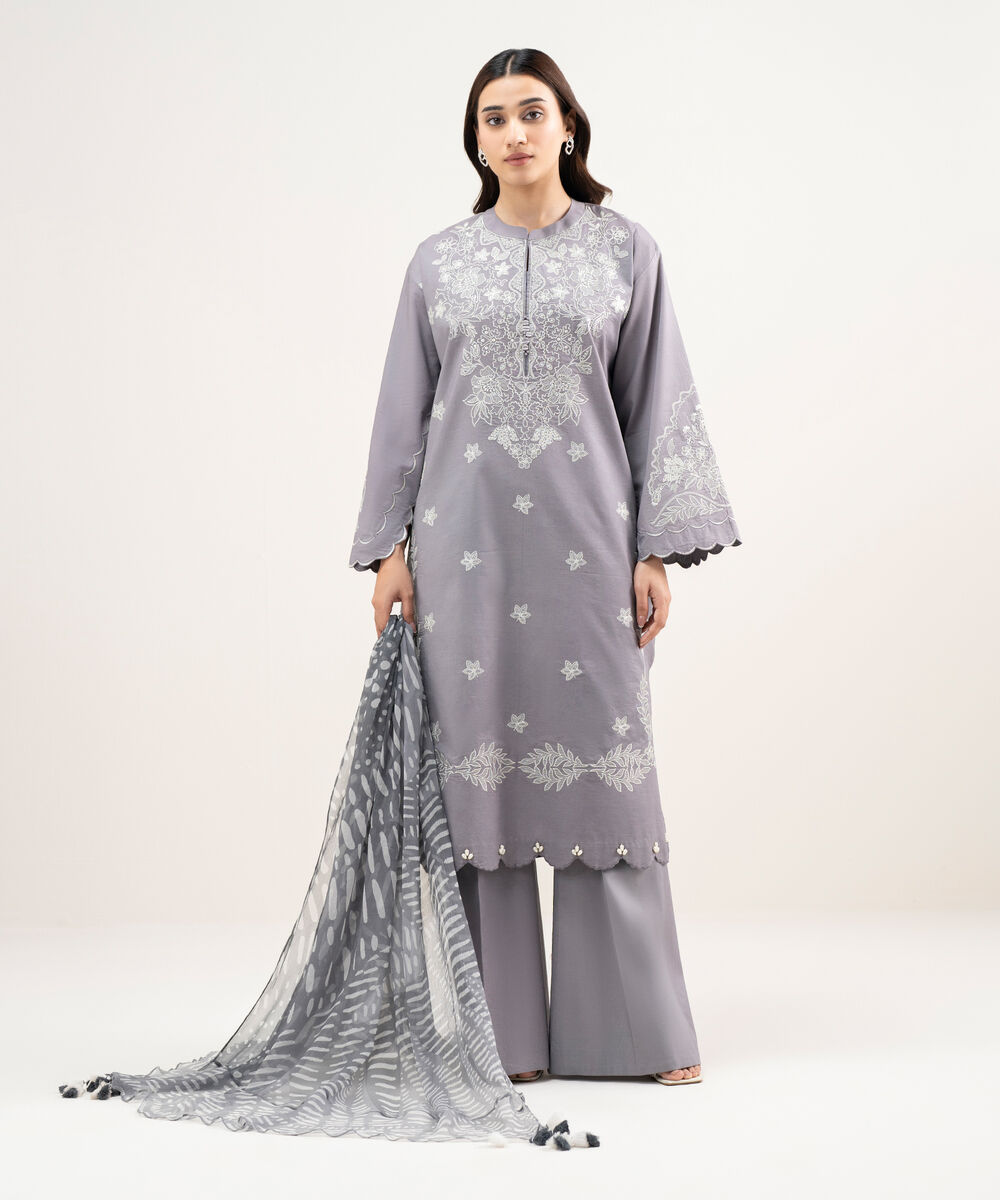 Women's Unstitched Textured Lawn Embroidered Grey 3 Piece Suit