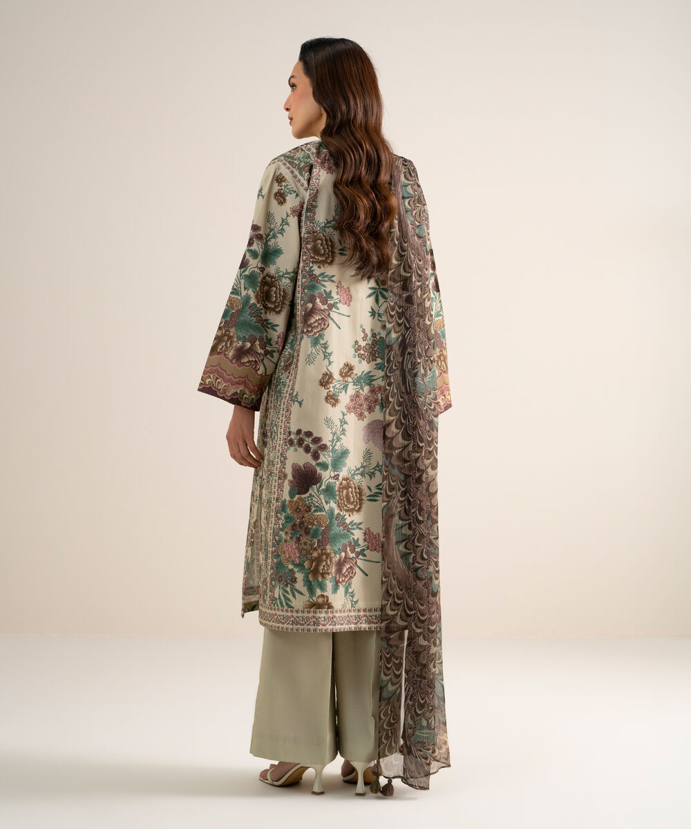 Women's Unstitched Cotton Printed Light Beige  3 Piece Suit