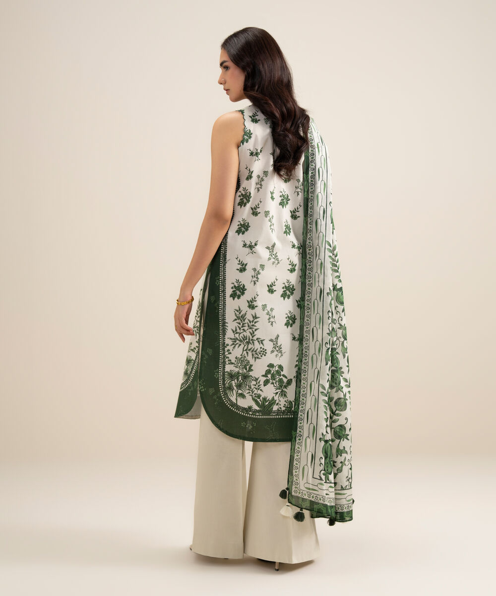 Women's Unstitched Lawn Embroidered Green and Off White  3 Piece Suit