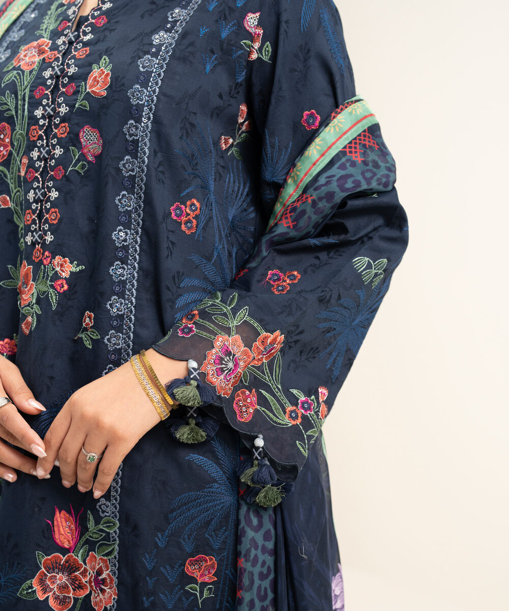 Women's Unstitched Cotton Jacquard Embroidered Blue 3 Piece Suit