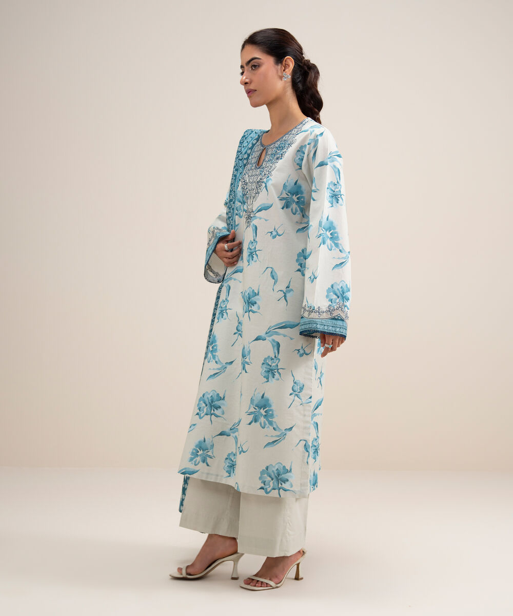 Women's Unstitched Lawn Embroidered Off White and Blue 3 Piece Suit