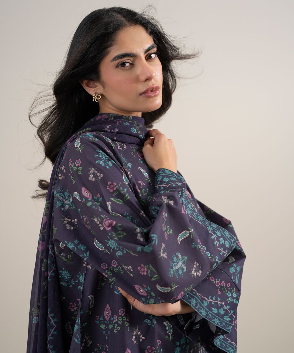Women's Unstitched Lawn Printed Purple 3 Piece Suit