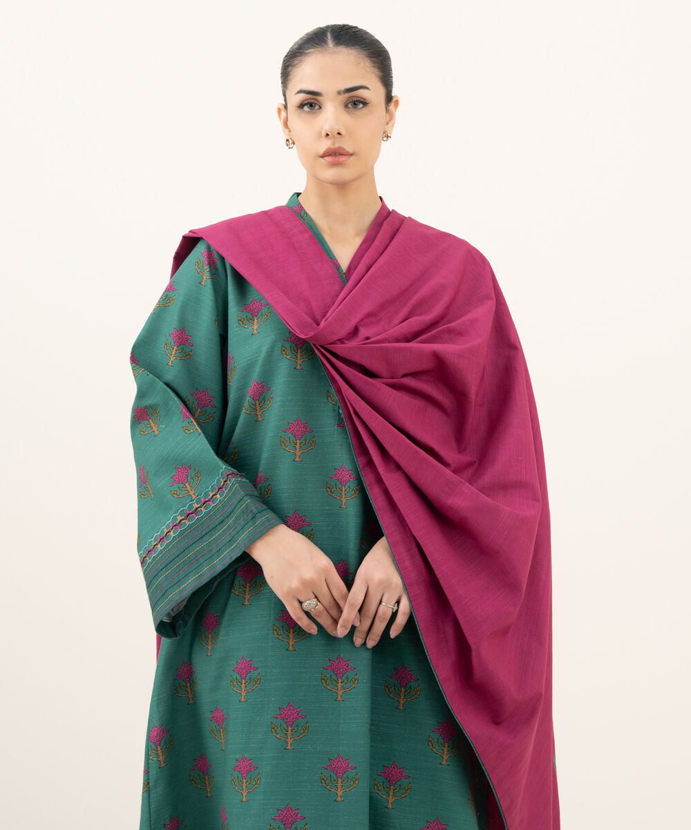 Women's Unstitched Printed Khaddar Teal Green 3 Piece Suit