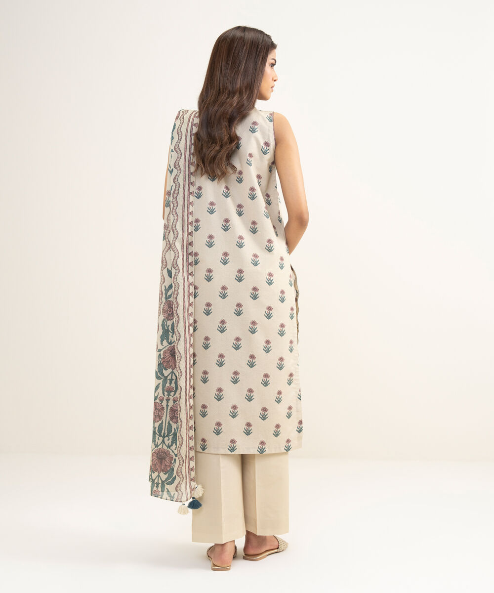 Women's Unstitched Lawn Printed Beige 3 Piece Suit