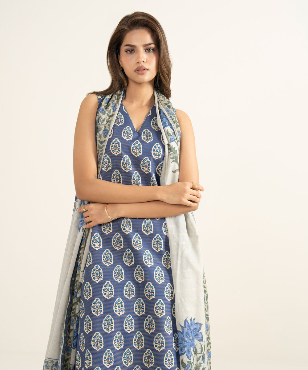 Women's Unstitched Zari Lawn Printed Blue 3 Piece Suit