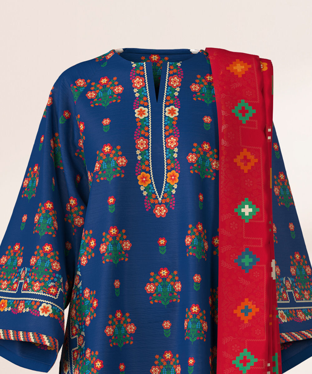 Women's Unstitched Khaddar Printed Blue  3 Piece Suit