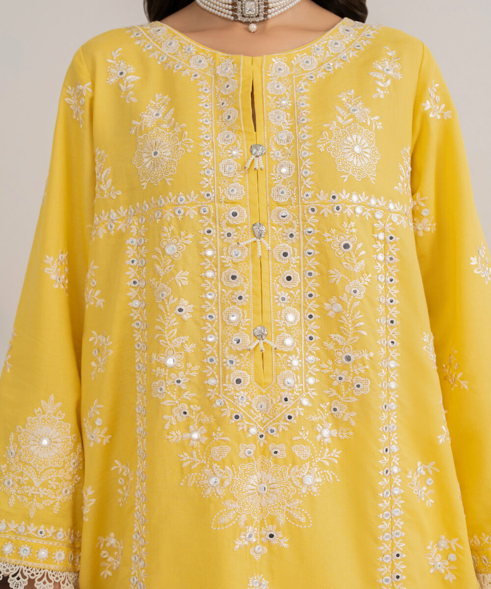 Women's RTW Zari Cotton Embroidered Yellow 3 Piece Suit