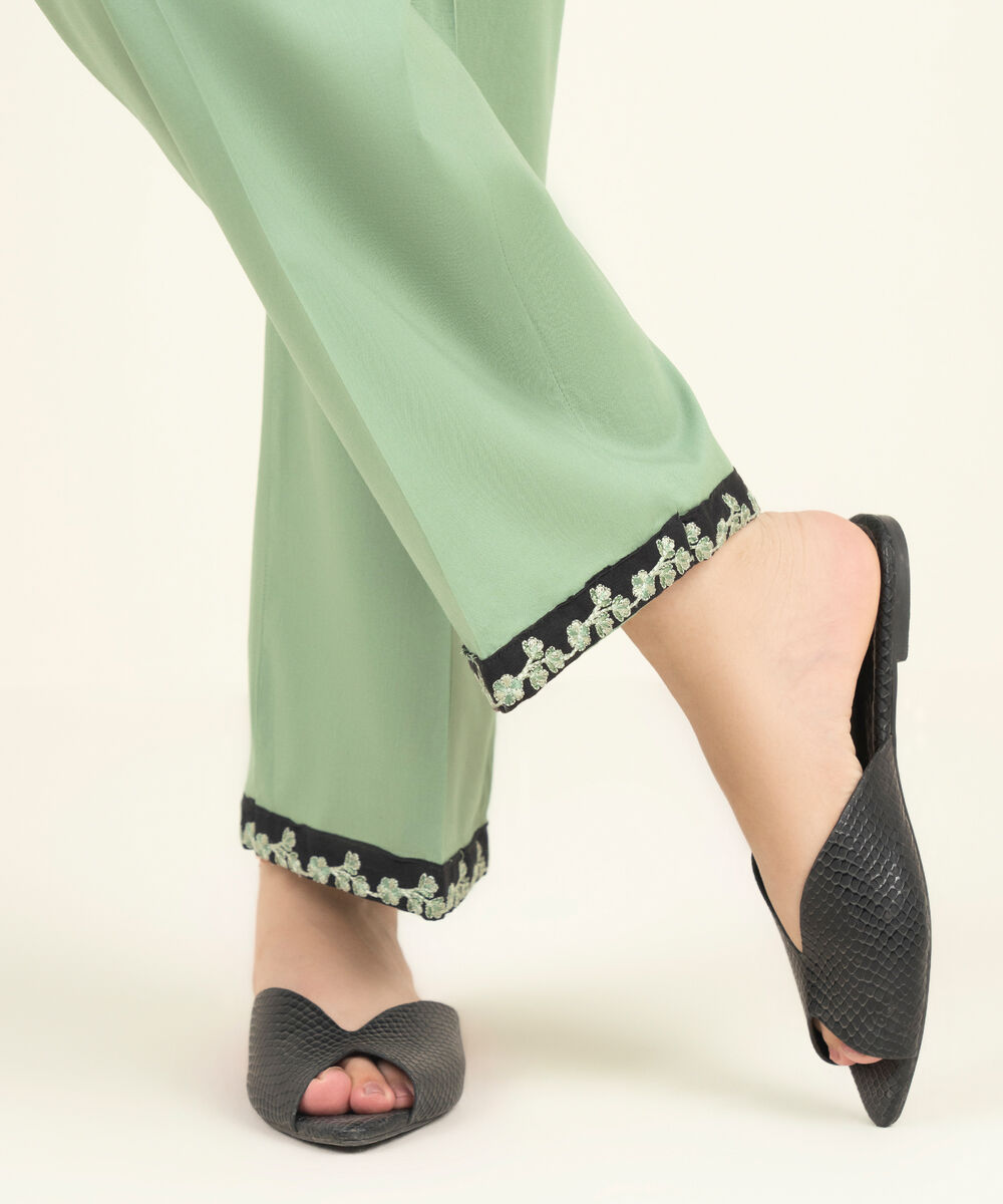 Women's RTW Cambric Embroidered Green Straight Pants