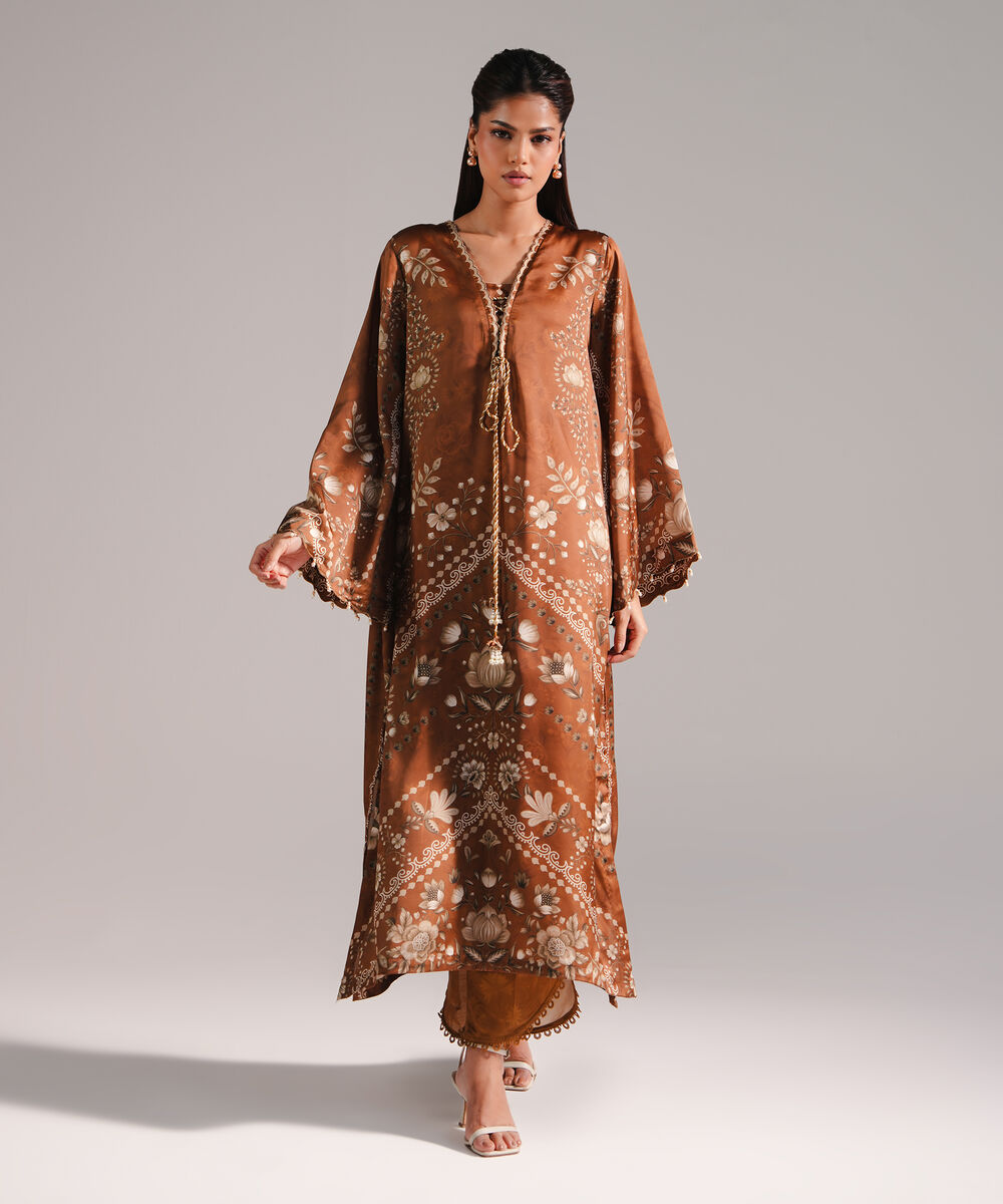 Women's RTW Blended Satin Printed Brown 2 Piece Suit