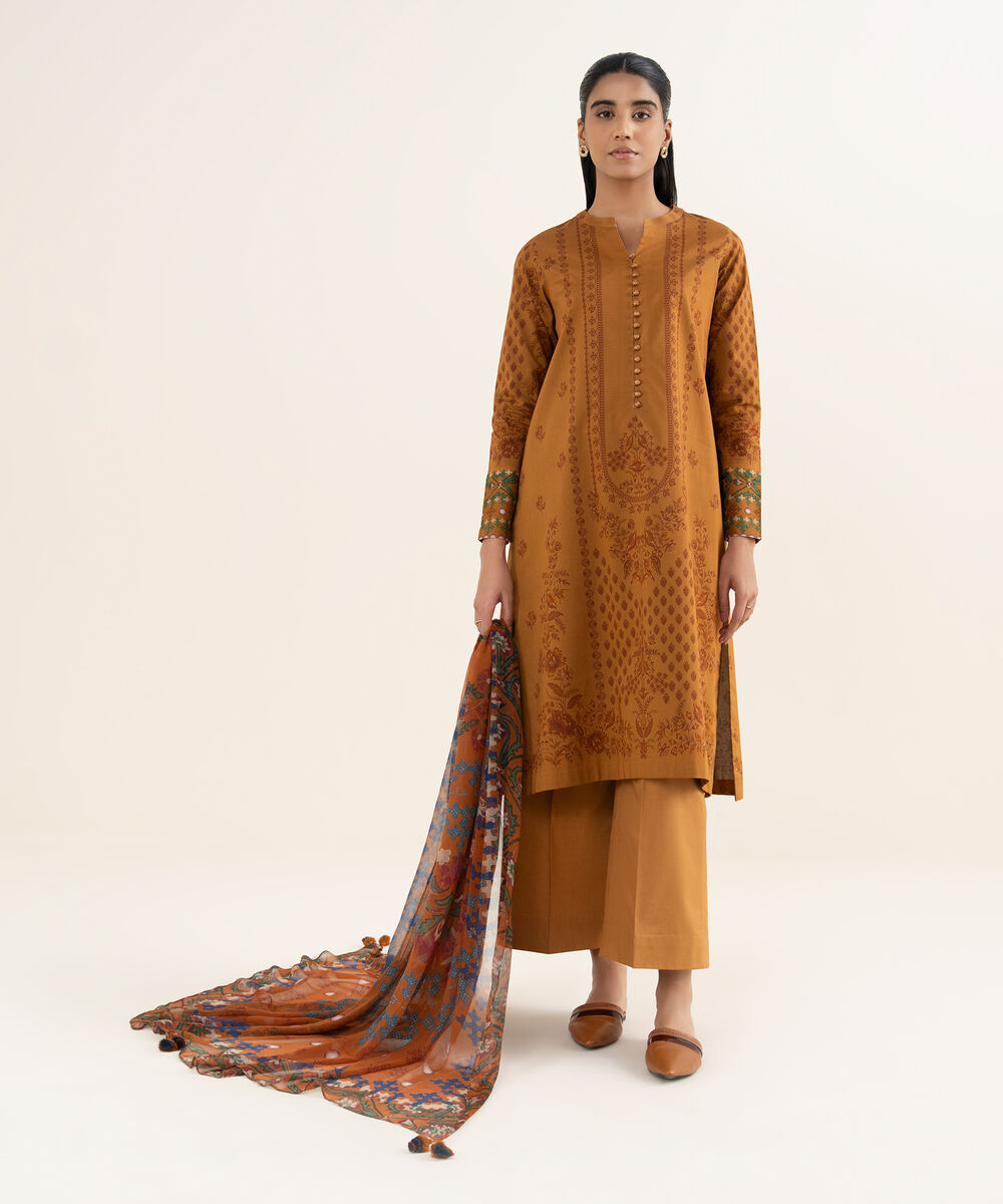 Women's Unstitched Lawn Printed Orange 3 Piece Suit