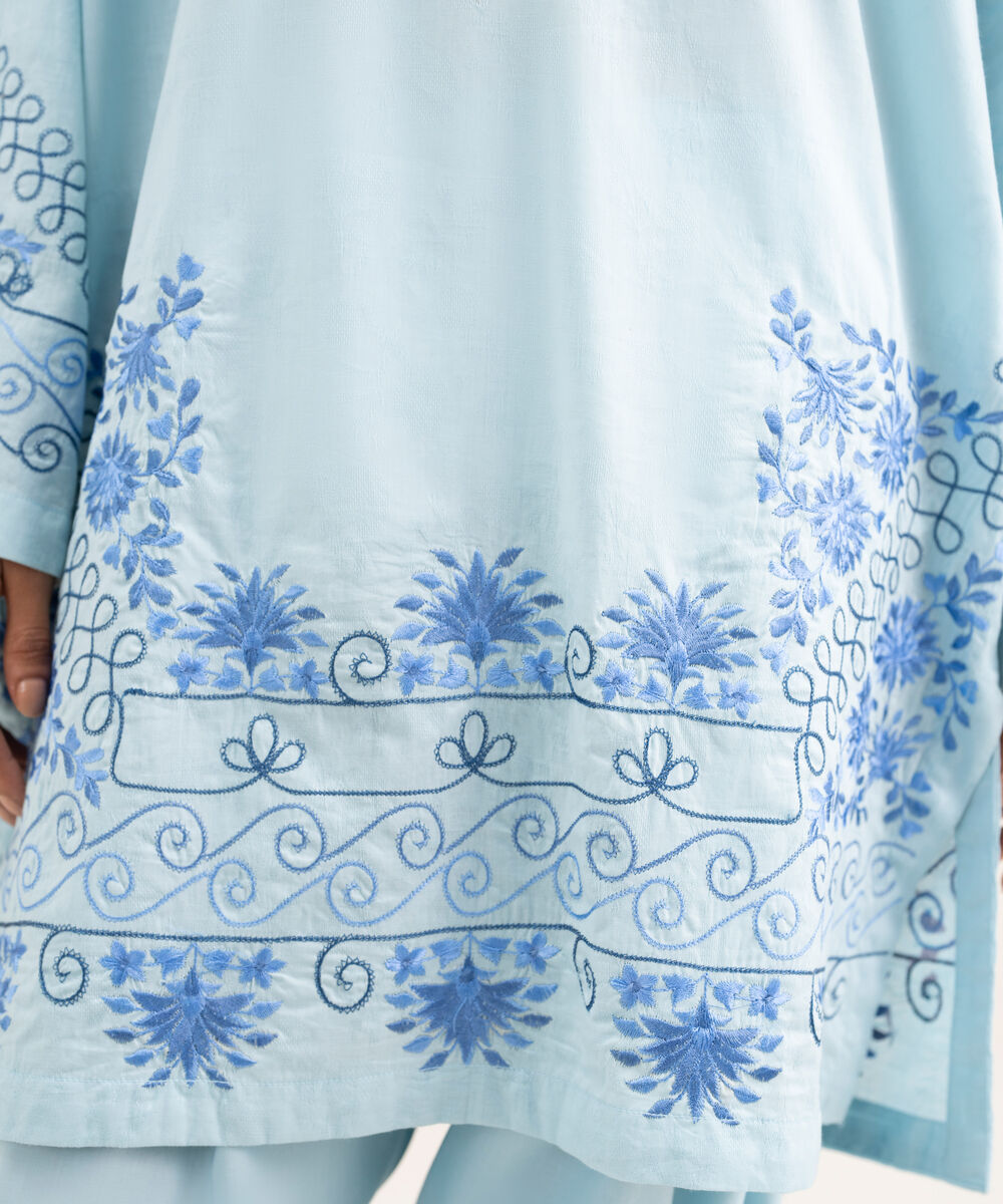 Women's RTW Self Jacquard Embroidered Blue Straight Shirt