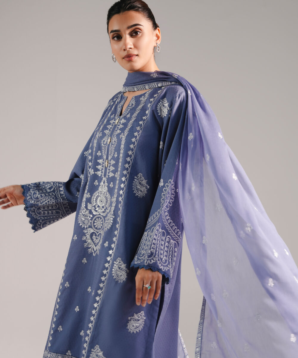 Women's RTW Dobby Embroidered Steel Blue 3 Piece Suit