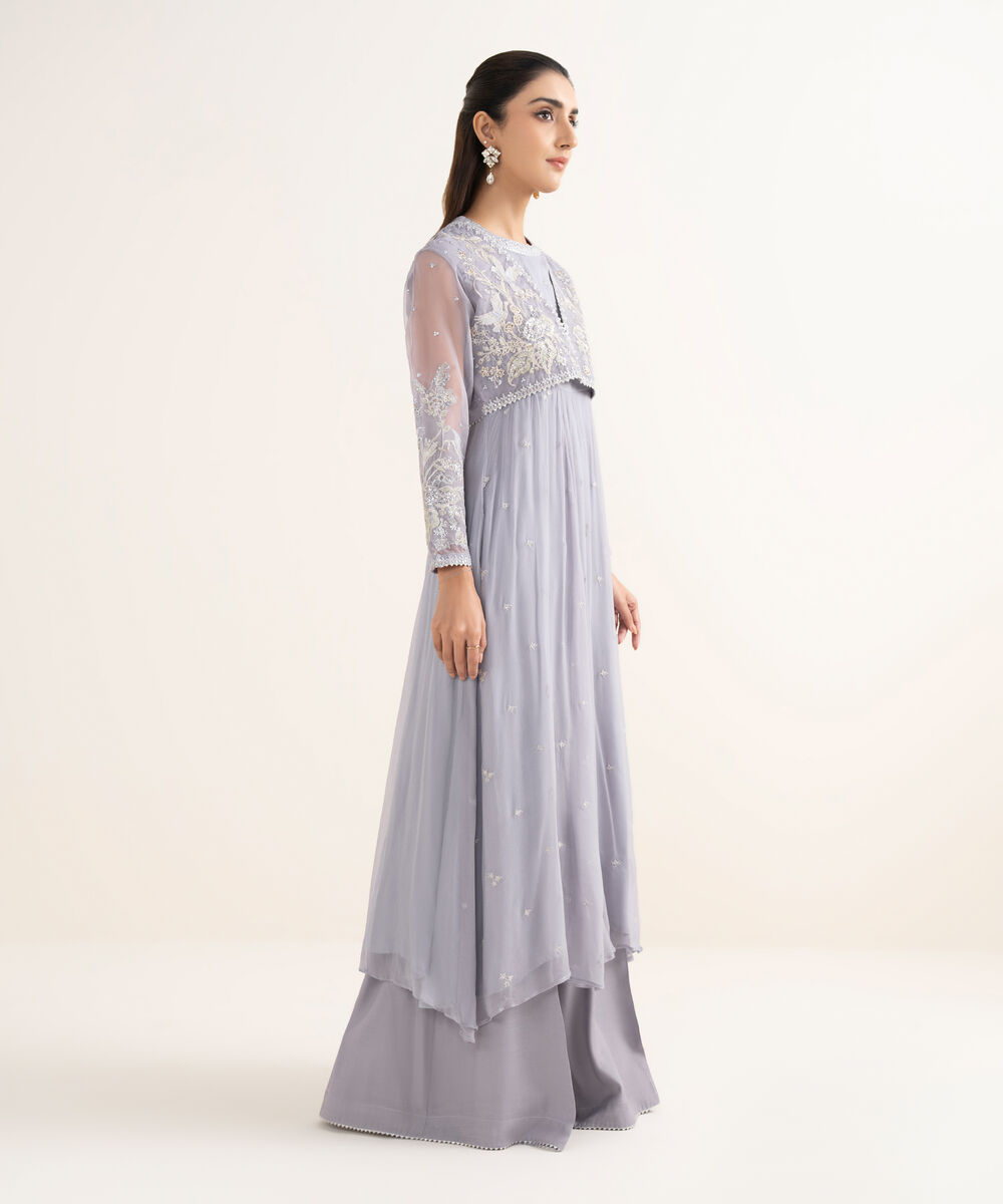 Women's RTW Bemberg Crinkle Chiffon Embroidered Blue 2 Piece Suit