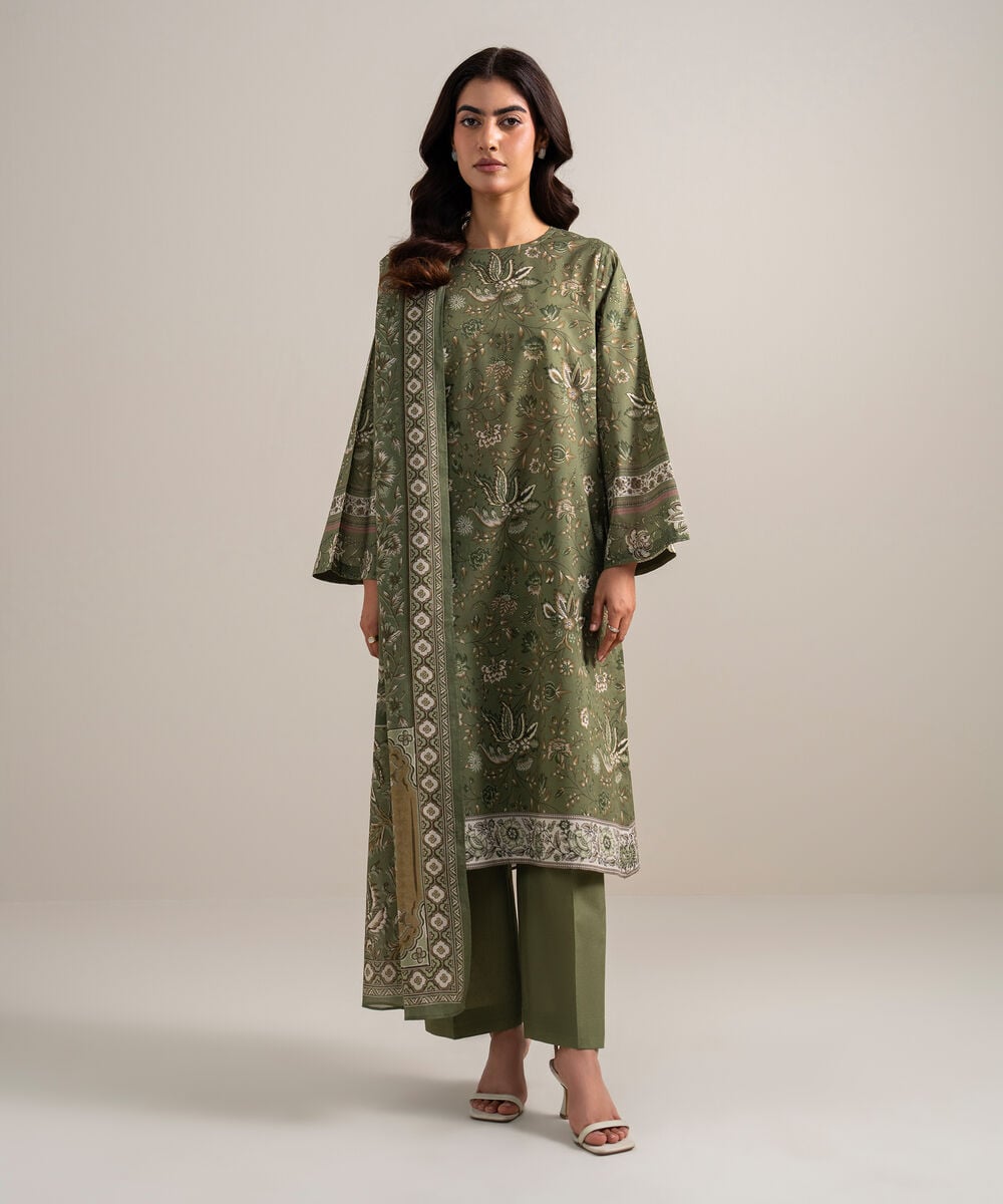 Women's Unstitched Lawn Printed Green 3 Piece Suit