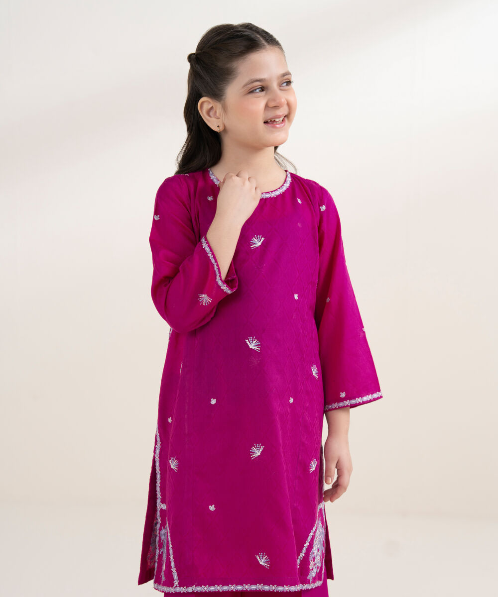 Girl's Self Jacquard Embroidered Pink 2 Piece Suit