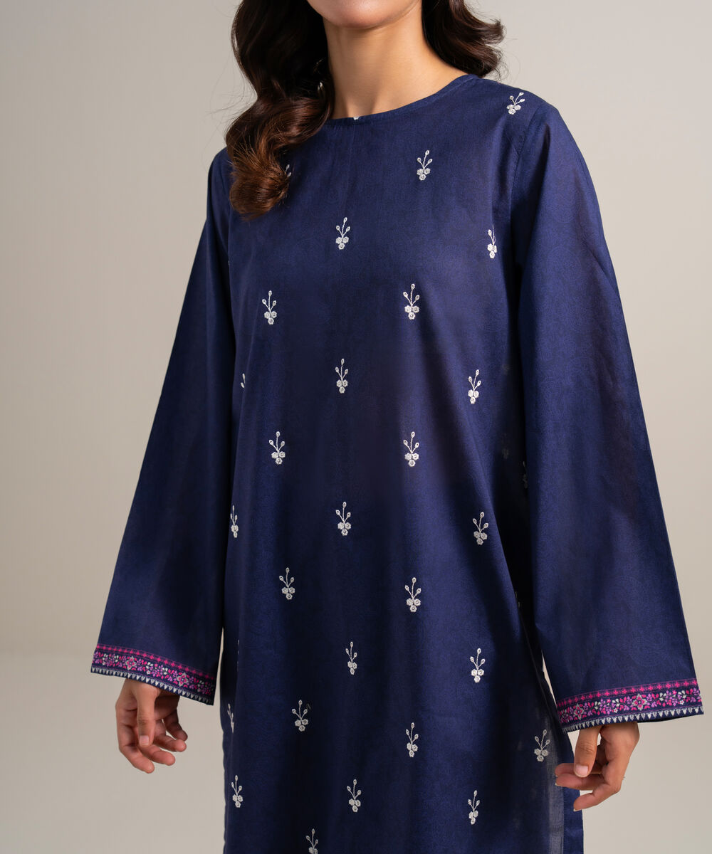 Women's Unstitched Lawn Embroidered Dark Blue  3 Piece Suit
