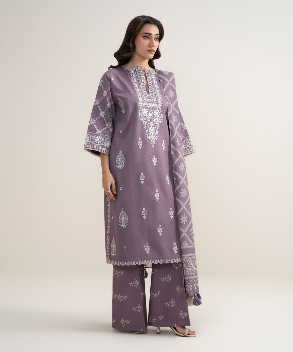 Women's Unstitched Dobby Embroidered Purple 3 Piece Suit